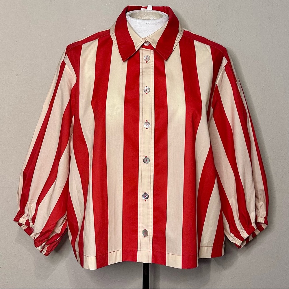 Tracy Reese Red and Cream Vertical Stripe Button-Down Top